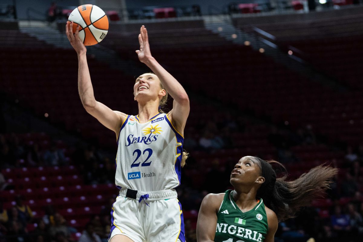 LA Sparks center Cameron Brink (22) shoots the ball at a WNBA basketball game against Team Nigeria,Saturday April 25th, 2026 in San Diego, California. 