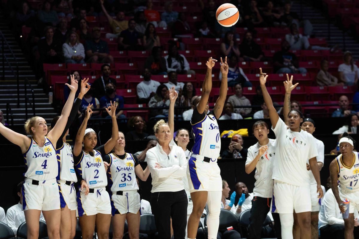 LA Sparks guard Ta’Niya Latson (0) shoots a three pointer at a WNBA basketball game against Team Nigeria,Saturday April 25th, 2026 in San Diego, California. 