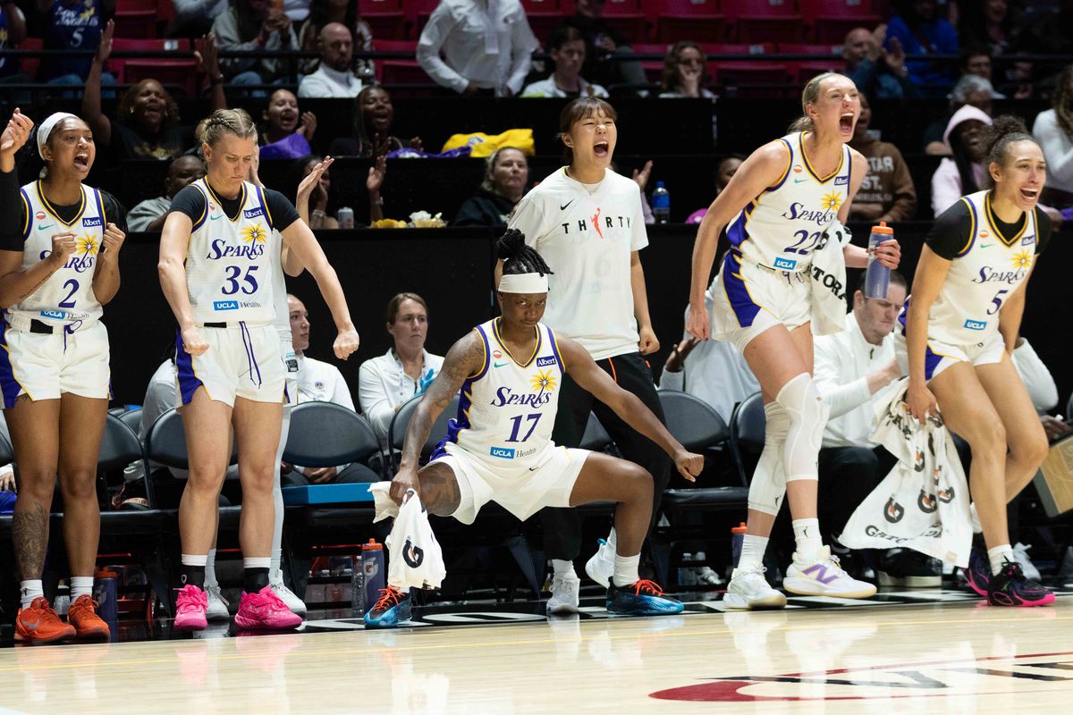 LA Sparks bench celebrating a made three pointer at a WNBA basketball game against Team Nigeria,Saturday April 25th, 2026 in Los Angeles, California. 