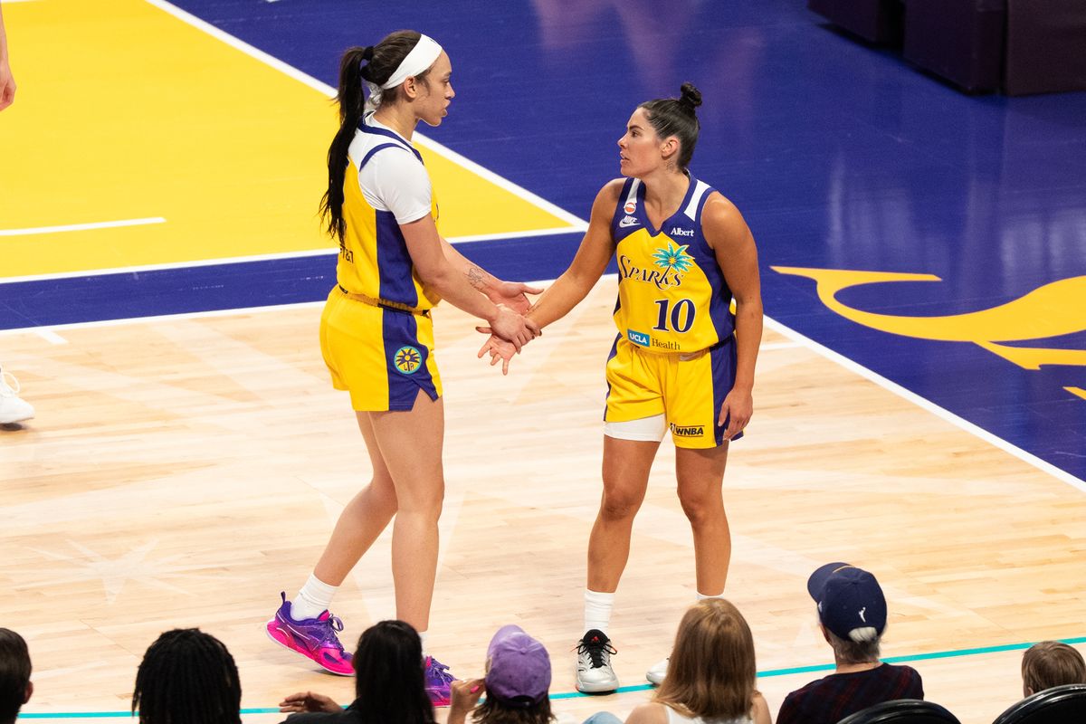 LA Sparks teammates talk after a miscommunication during a WNBA basketball game against the Las Vegas Aces, Sunday May 10th, 2026 in Los Angeles, California. LA Sparks teammates talk after a miscommunication during a WNBA basketball game against the Las Vegas Aces, Sunday May 10th, 2026 in Los Angeles, California.