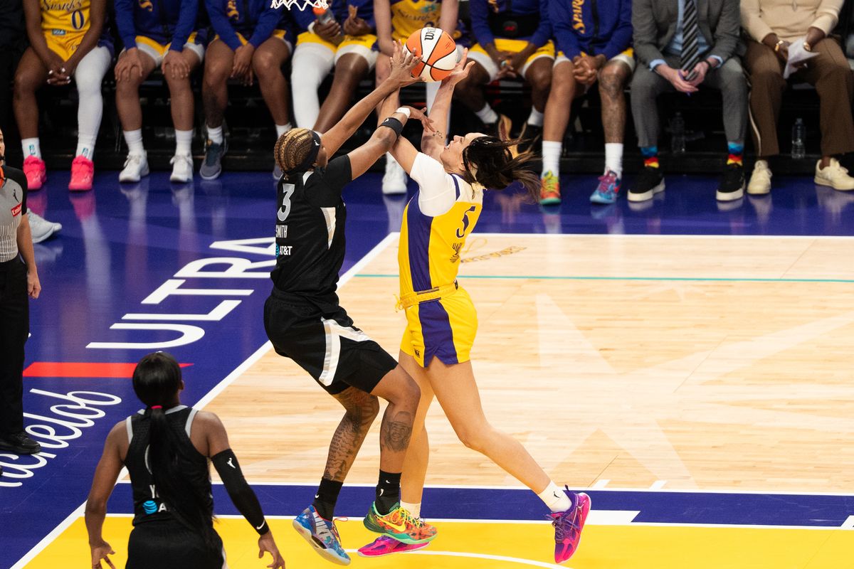 LA Sparks forward Dearica Hamby (5) goes up for a tough layup during a WNBA basketball game against the Las Vegas Aces, Sunday May 10th, 2026 in Los Angeles, California. LA Sparks forward Dearica Hamby (5) goes up for a tough layup during a WNBA basketball game against the Las Vegas Aces, Sunday May 10th, 2026 in Los Angeles, California.