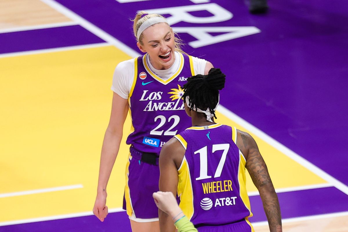 Los Angeles Sparks center Cameron Brink (22) celebrates a blocked shot with guard Erica Wheeler (17) during a WNBA game against the Indiana Fever on May 13, 2026 in Los Angeles, CA. Los Angeles Sparks center Cameron Brink (22) celebrates a blocked shot with guard Erica Wheeler (17) during a WNBA game against the Indiana Fever on May 13, 2026 in Los Angeles, CA.