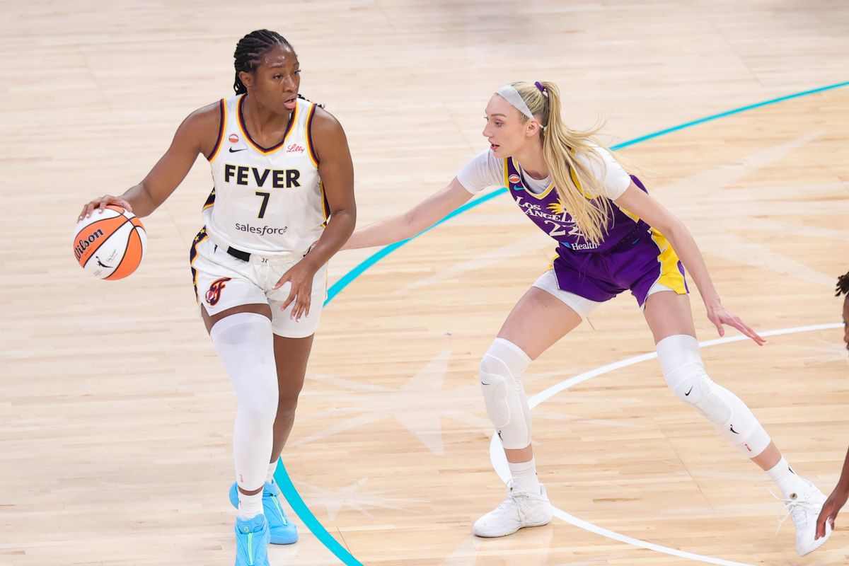 Los Angeles Sparks center Cameron Brink (22) defends against Indiana Fever forward Aliyah Boston (7) during a WNBA game on May 13, 2026 in Los Angeles, CA. Los Angeles Sparks center Cameron Brink (22) defends against Indiana Fever forward Aliyah Boston (7) during a WNBA game on May 13, 2026 in Los Angeles, CA.