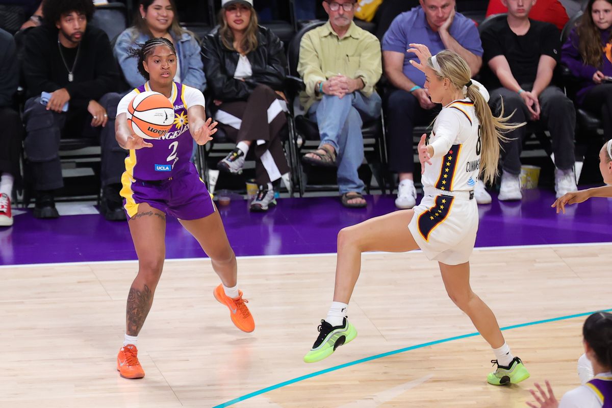 Los Angeles Sparks guard Chance Gray (2) passes the basketball during a WNBA game against the Indiana Fever on May 13, 2026 in Los Angeles, CA. Los Angeles Sparks guard Chance Gray (2) passes the basketball during a WNBA game against the Indiana Fever on May 13, 2026 in Los Angeles, CA.