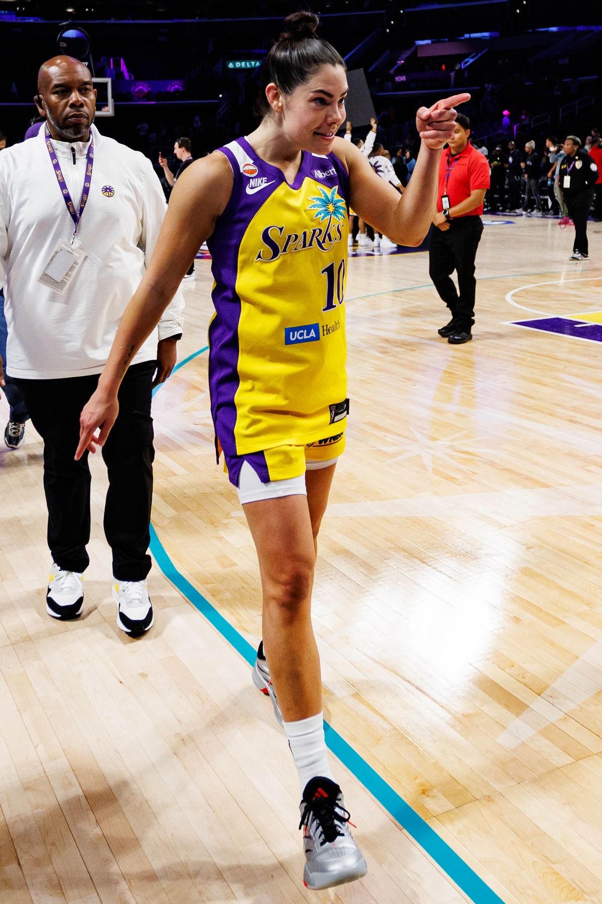 Kelsey Plum #10 of the Los Angeles Sparks interacts with the crowd after a WNBA game against the Toronto Tempo on May 15, 2026 at Crypto.com Arena in Los Angeles, California.