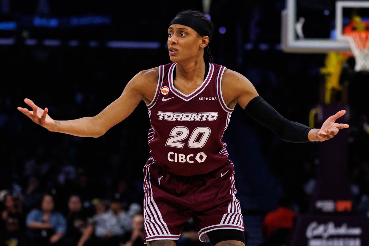 Brittney Sykes #20 of the Toronto Tempo reacts after a foul call during a WNBA game against the Los Angeles Sparks on May 15, 2026 at Crypto.com Arena in Los Angeles, California.