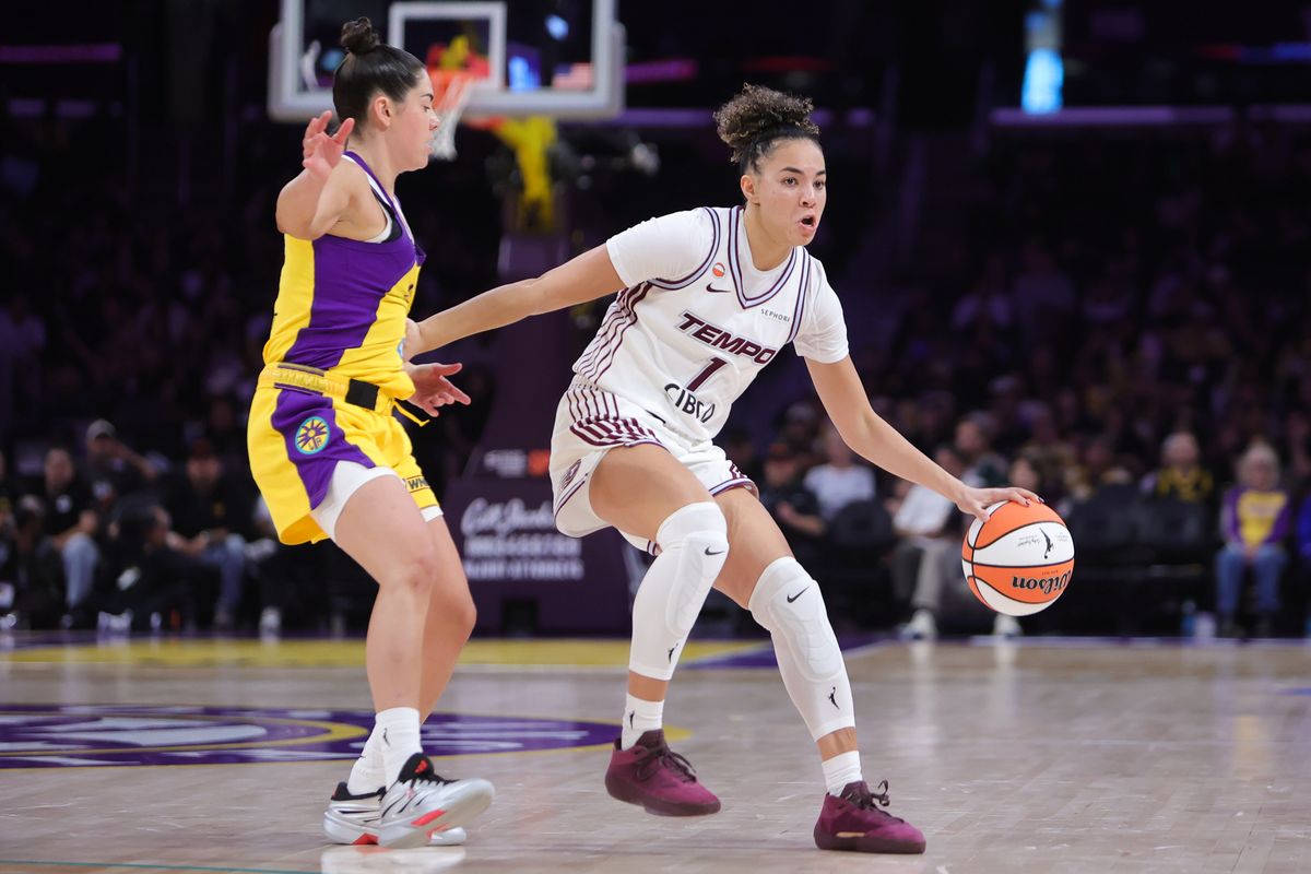 Los Angeles Sparks guard Kelsey Plum (10) defends against Toronto Tempo guard Kiki Rice (1) during a WNBA game on May 17, 2026 in Los Angeles, CA.
