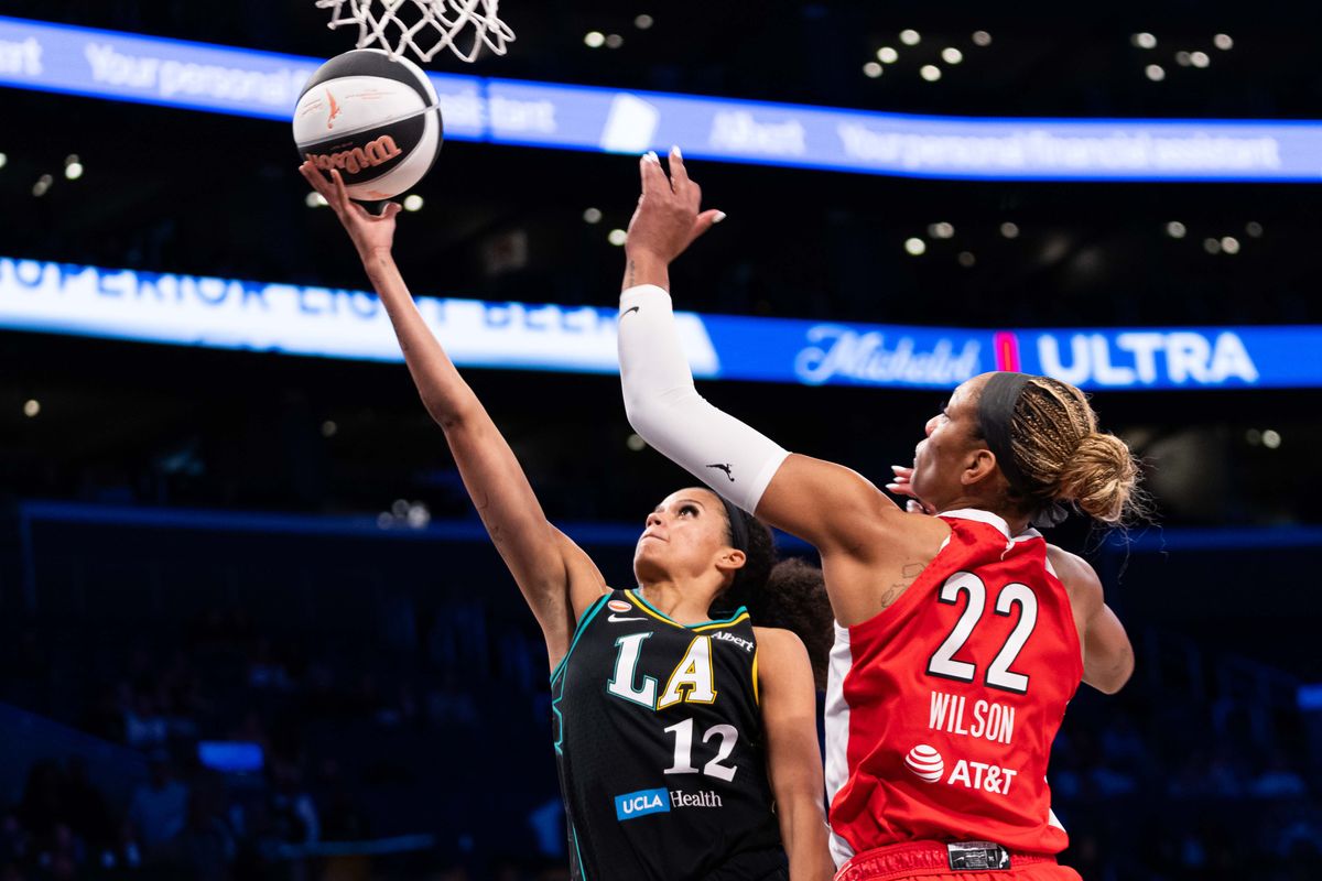 LA Sparks guard Rae Burrel (12) takes a lay-up at a WNBA basketball game against the Las Vegas Aces, Tuesday June 2nd, 2026 in Los Angeles, California. 