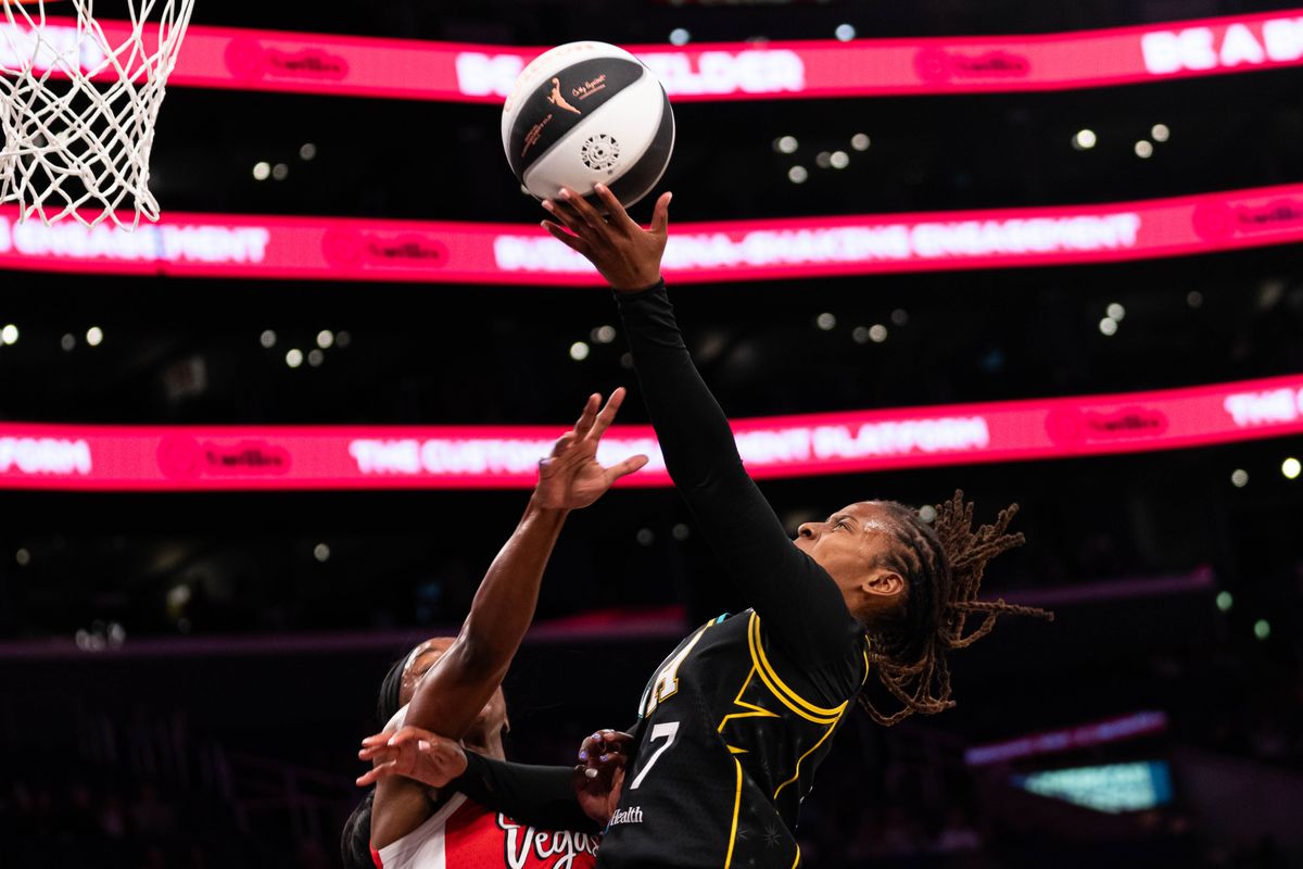 LA Sparks guard Ariel Atkins (7) attacks the basket at a WNBA basketball game against the Las Vegas Aces, Tuesday June 2nd, 2026 in Los Angeles, California.