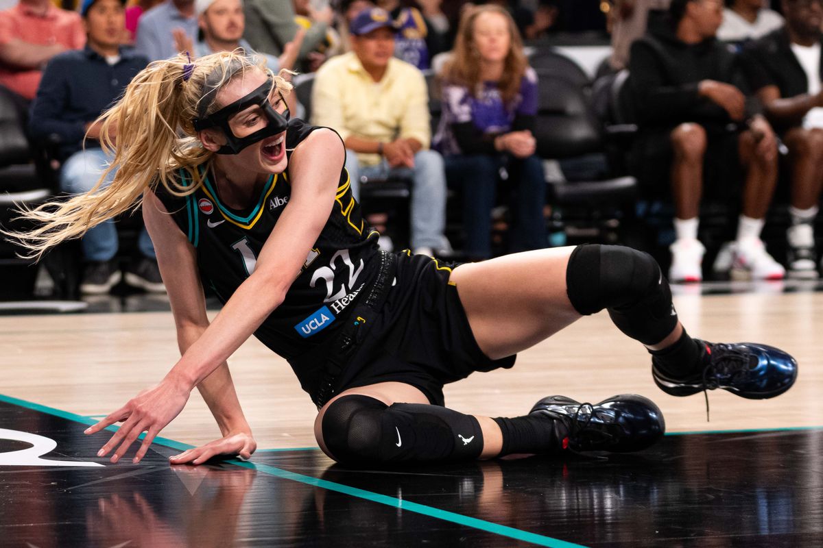 LA Sparks forward Cameron Brink (22) upset after a no-call at a WNBA basketball game against the Las Vegas Aces, Tuesday June 2nd, 2026 in Los Angeles, California. 