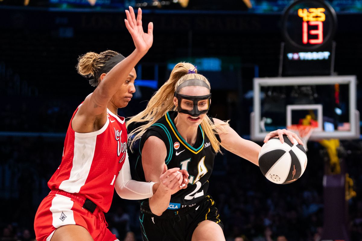 LA Sparks forward Cameron Brink (22) attacks the basket at a WNBA basketball game against the Las Vegas Aces, Tuesday June 2nd, 2026 in Los Angeles, California.