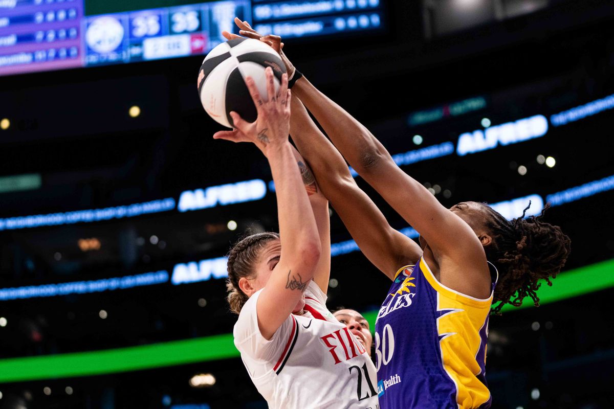 LA Sparks forward Nneka Ogwumike (30) fights for the rebound at a WNBA basketball game against the Portland Fire, Sunday June 7th, 2026 in Los Angeles, California. LA Sparks forward Nneka Ogwumike (30) fights for the rebound at a WNBA basketball game against the Portland Fire, Sunday June 7th, 2026 in Los Angeles, California.
