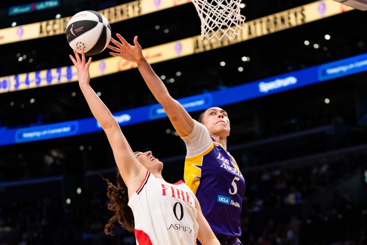 LA Sparks forward Dearica Hamby (5) goes for the block at a WNBA basketball game against the Portland Fire, Sunday June 7th, 2026 in Los Angeles, California. LA Sparks forward Dearica Hamby (5) goes for the block at a WNBA basketball game against the Portland Fire, Sunday June 7th, 2026 in Los Angeles, California.
