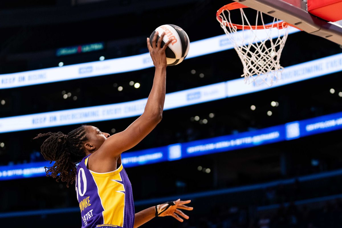 LA Sparks forward Nneka Ogwumike (30) drives into the lane at a WNBA basketball game against the Portland Fire, Sunday June 7th, 2026 in Los Angeles, California. LA Sparks forward Nneka Ogwumike (30) drives into the lane at a WNBA basketball game against the Portland Fire, Sunday June 7th, 2026 in Los Angeles, California.