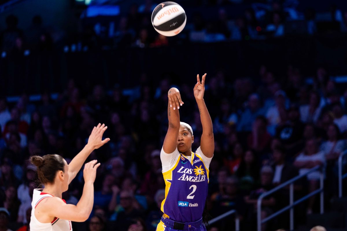 LA Sparks guard Chance Gray (2) shoots a three-pointer at a WNBA basketball game against the Portland Fire, Sunday June 7th, 2026 in Los Angeles, California. LA Sparks guard Chance Gray (2) shoots a three-pointer at a WNBA basketball game against the Portland Fire, Sunday June 7th, 2026 in Los Angeles, California.