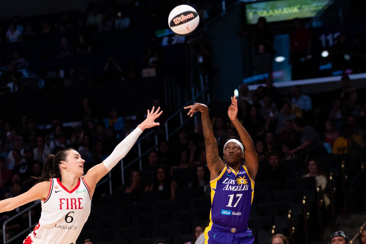LA Sparks guard Erica Wheeler (17) shoots a three-pointer at a WNBA basketball game against the Portland Fire, Sunday June 7th, 2026 in Los Angeles, California. LA Sparks guard Erica Wheeler (17) shoots a three-pointer at a WNBA basketball game against the Portland Fire, Sunday June 7th, 2026 in Los Angeles, California.