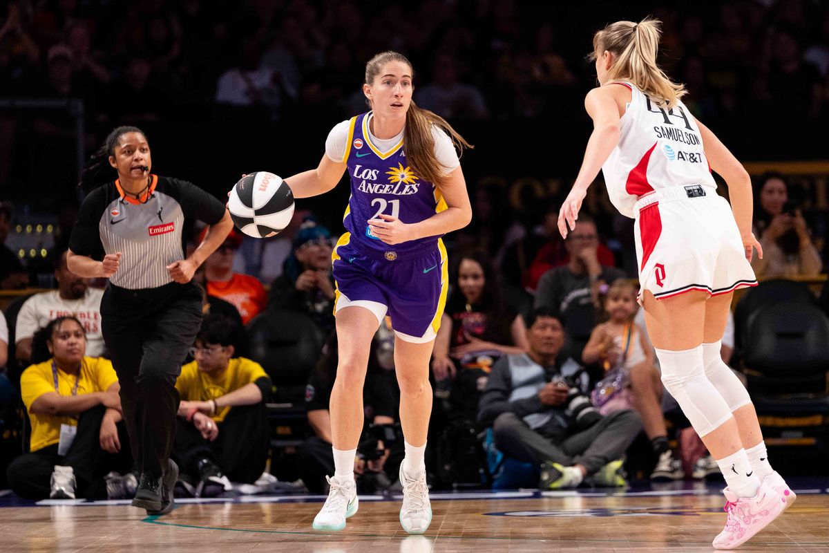 LA Sparks guard Kate Martin (21) sets up the offense at a WNBA basketball game against the Portland Fire, Sunday June 7th, 2026 in Los Angeles, California. LA Sparks guard Kate Martin (21) sets up the offense at a WNBA basketball game against the Portland Fire, Sunday June 7th, 2026 in Los Angeles, California.