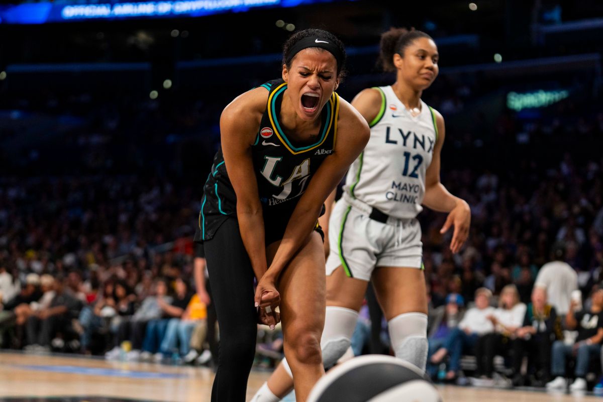 Los Angeles Sparks forward Rae Burrell (12) yells after turning the ball over during a WNBA game against the Minnesota Lynx, Wednesday June 17th, 2026 in Los Angeles, California. Los Angeles Sparks forward Rae Burrell (12) yells after turning the ball over during a WNBA game against the Minnesota Lynx, Wednesday June 17th, 2026 in Los Angeles, California.
