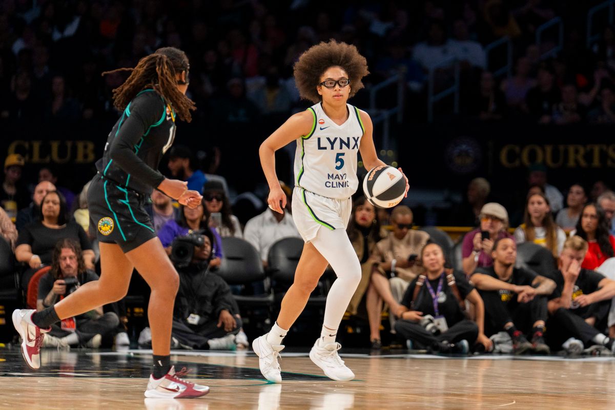 Minnesota Lynx guard Olivia Miles (5) slows down the offense during a WNBA game against the Los Angeles Sparks, Wednesday June 17th, 2026 in Los Angeles, California. Minnesota Lynx guard Olivia Miles (5) slows down the offense during a WNBA game against the Los Angeles Sparks, Wednesday June 17th, 2026 in Los Angeles, California.