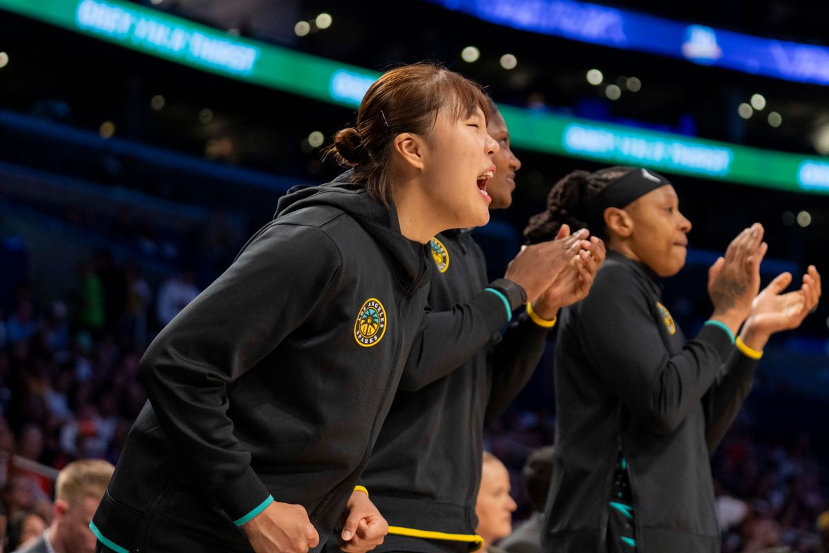 Los Angeles Sparks forward Jihyun Park (6) cheering on her teammates during a WNBA game against the Minnesota Lynx, Wednesday June 17th, 2026 in Los Angeles, California. Los Angeles Sparks forward Jihyun Park (6) cheering on her teammates during a WNBA game against the Minnesota Lynx, Wednesday June 17th, 2026 in Los Angeles, California.