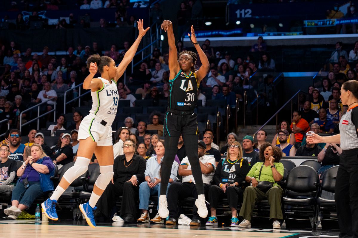 Los Angeles Sparks forward Nneka Ogwumike (30) shoots a three pointer during a WNBA game against the Minnesota Lynx, Wednesday June 17th, 2026 in Los Angeles, California. Los Angeles Sparks forward Nneka Ogwumike (30) shoots a three pointer during a WNBA game against the Minnesota Lynx, Wednesday June 17th, 2026 in Los Angeles, California.