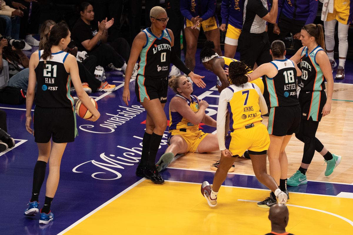 Los Angeles Sparks Forward Laura Ziegler (4) celebrates after getting found and scoring during a WNBA game against the New York Liberty, Sunday June 21st, 2026 in Los Angeles, California. Los Angeles Sparks Forward Laura Ziegler (4) celebrates after getting found and scoring during a WNBA game against the New York Liberty, Sunday June 21st, 2026 in Los Angeles, California.