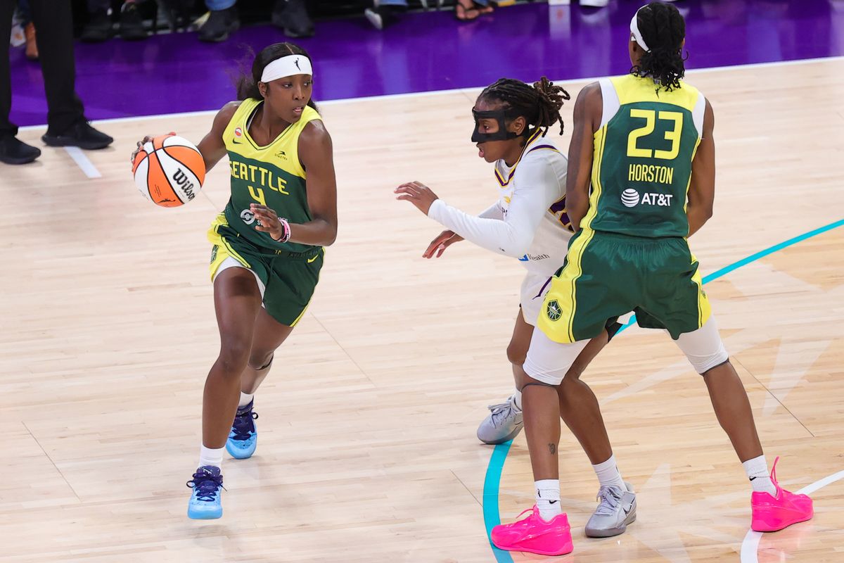 Flau'jae Johnson #4 of the Seattle Storm dribbles the basketball during a WNBA game against the Los Angeles Sparks on July 6, 2026 in Los Angeles, CA. Flau'jae Johnson #4 of the Seattle Storm dribbles the basketball during a WNBA game against the Los Angeles Sparks on July 6, 2026 in Los Angeles, CA.