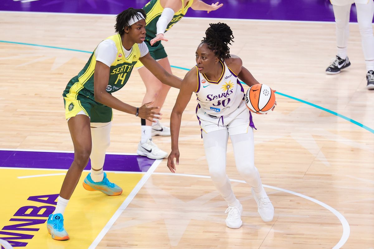 Nneka Ogwumike #30 of the Los Angeles Sparks dribbles the basketball during a WNBA game against the Seattle Storm on July 6, 2026 in Los Angeles, CA. Nneka Ogwumike #30 of the Los Angeles Sparks dribbles the basketball during a WNBA game against the Seattle Storm on July 6, 2026 in Los Angeles, CA.
