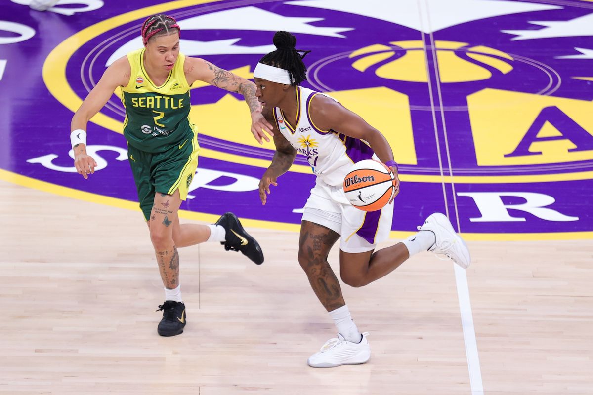 Erica Wheeler #17 of the Los Angeles Sparks dribbles the basketball during a WNBA game against the Seattle Storm on July 6, 2026 in Los Angeles, CA. Erica Wheeler #17 of the Los Angeles Sparks dribbles the basketball during a WNBA game against the Seattle Storm on July 6, 2026 in Los Angeles, CA.