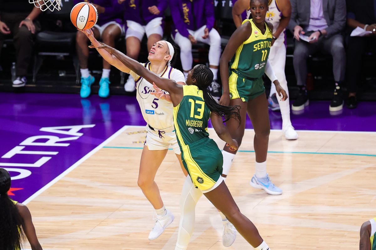Dearica Hamby #5 of the Los Angeles Sparks shoots a lay up during a WNBA game against the Seattle Storm on July 6, 2026 in Los Angeles, CA. Dearica Hamby #5 of the Los Angeles Sparks shoots a lay up during a WNBA game against the Seattle Storm on July 6, 2026 in Los Angeles, CA.