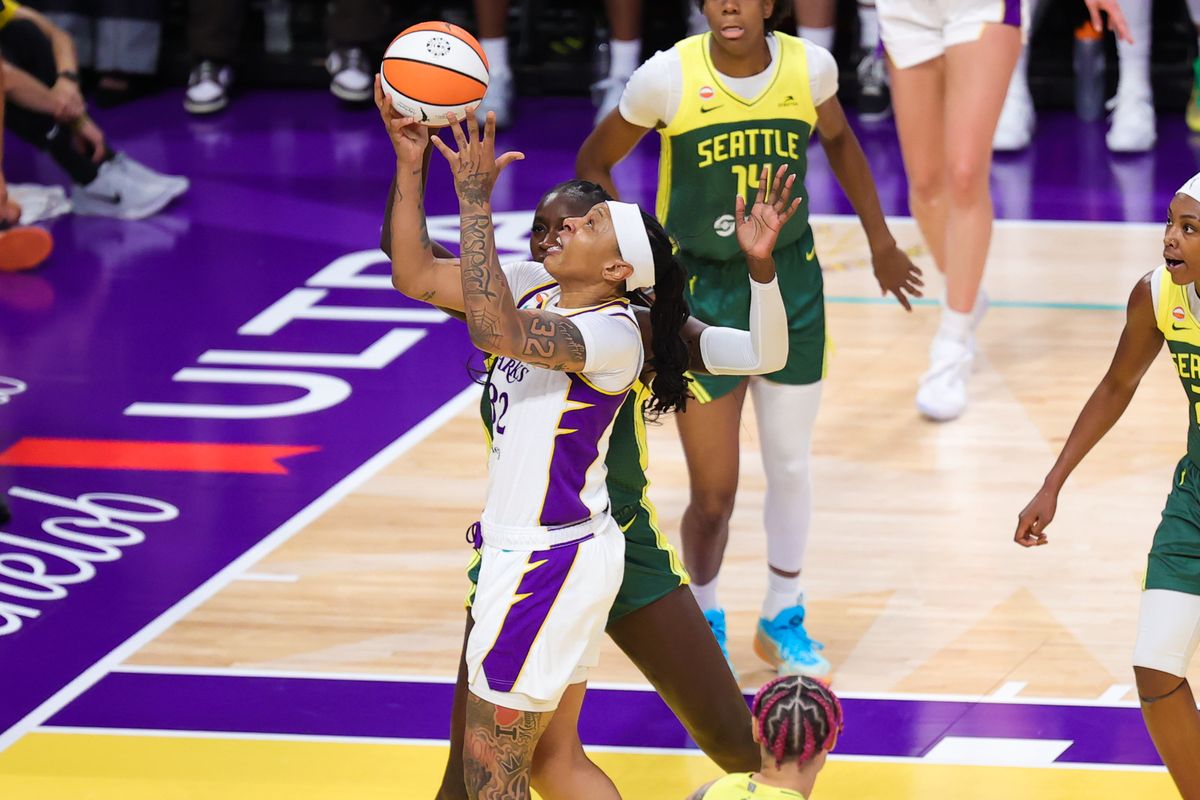 Emma Cannon #32 of the Los Angeles Sparks shoots the basketball during a WNBA game against the Seattle Storm on July 6, 2026 in Los Angeles, CA. Emma Cannon #32 of the Los Angeles Sparks shoots the basketball during a WNBA game against the Seattle Storm on July 6, 2026 in Los Angeles, CA.