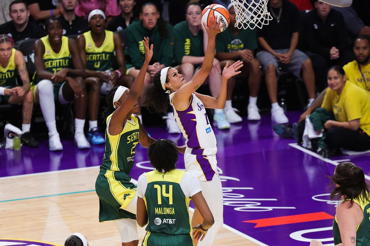 Rae Burrell #12 of the Los Angeles Sparks shoots the basketball during a WNBA game against the Seattle Storm on July 6, 2026 in Los Angeles, CA. Rae Burrell #12 of the Los Angeles Sparks shoots the basketball during a WNBA game against the Seattle Storm on July 6, 2026 in Los Angeles, CA.