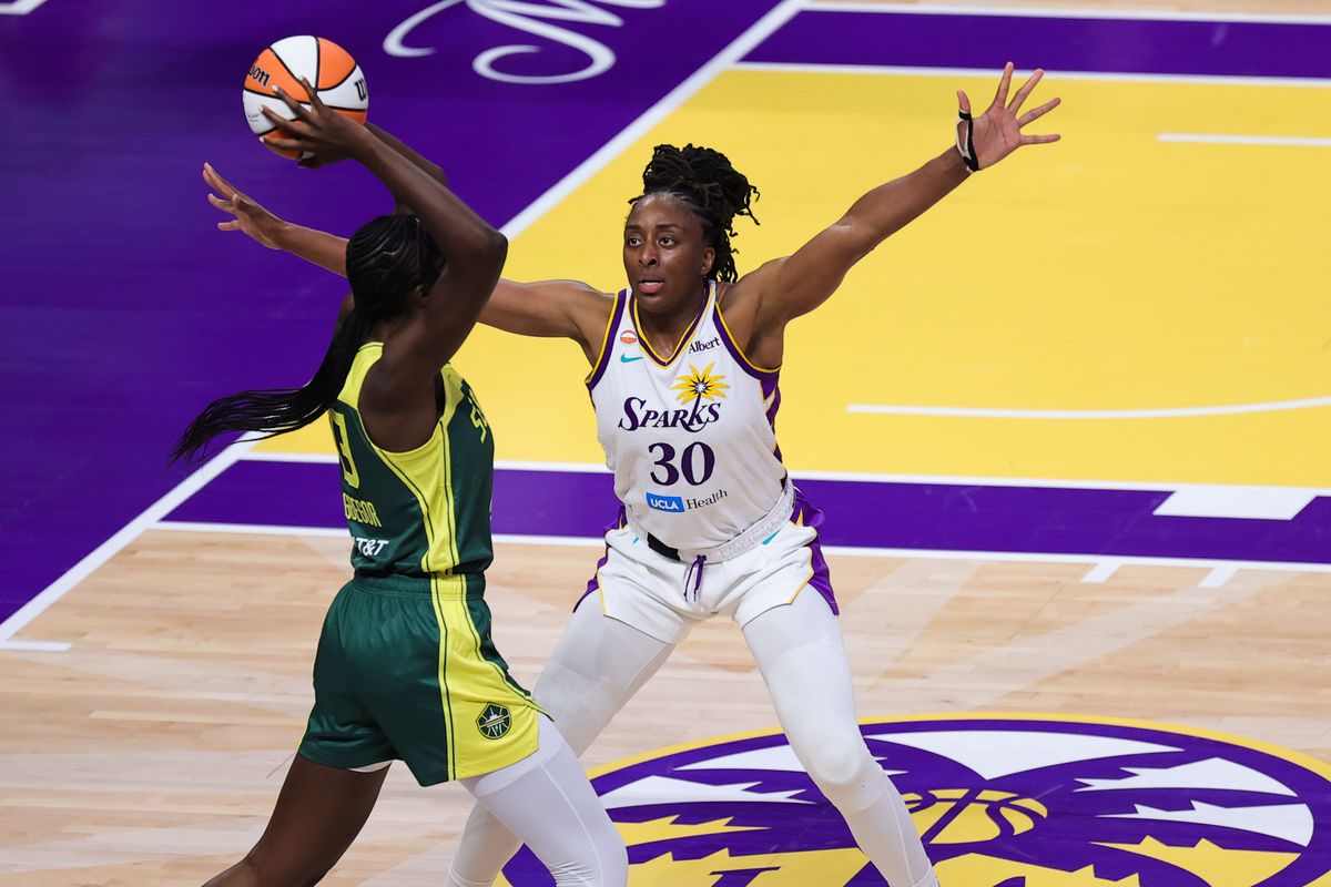 Nneka Ogwumike #30 of the Los Angeles Sparks defends against Ezi Magbegor #13 of the Seattle Storm during a WNBA game on July 6, 2026 in Los Angeles, CA. Nneka Ogwumike #30 of the Los Angeles Sparks defends against Ezi Magbegor #13 of the Seattle Storm during a WNBA game on July 6, 2026 in Los Angeles, CA.