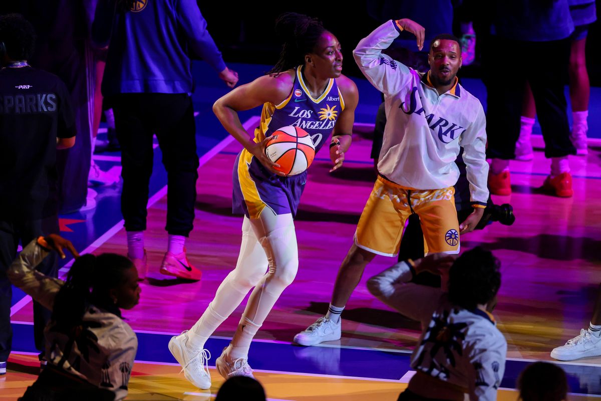 Nneka Ogwumike #30 of the Los Angeles Sparks is introduced during the starting lineups before a WNBA game against the Indiana Fever, Wednesday July 8, 2026 in Inglewood, Calif. Nneka Ogwumike #30 of the Los Angeles Sparks is introduced during the starting lineups before a WNBA game against the Indiana Fever, Wednesday July 8, 2026 in Inglewood, Calif.