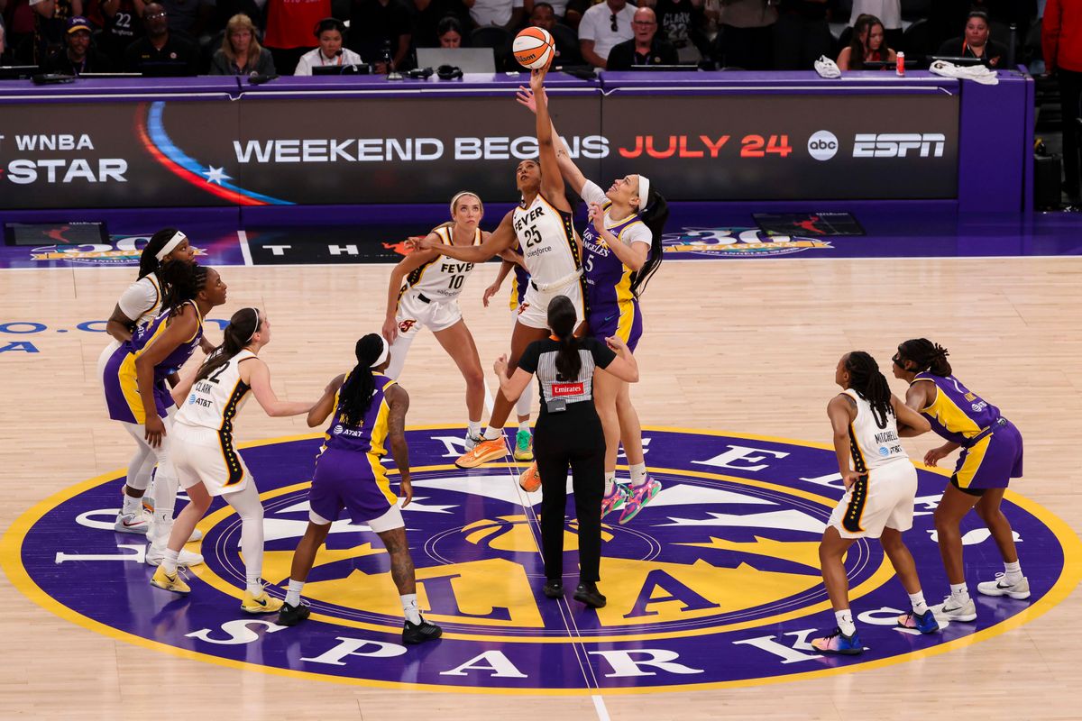 Monique Billings #25 of the Indiana Fever and Dearica Hamby #5 of the Los Angeles Sparks compete for the opening tip during a WNBA game, Wednesday July 8, 2026 in Los Angeles, Calif. Monique Billings #25 of the Indiana Fever and Dearica Hamby #5 of the Los Angeles Sparks compete for the opening tip during a WNBA game, Wednesday July 8, 2026 in Los Angeles, Calif.