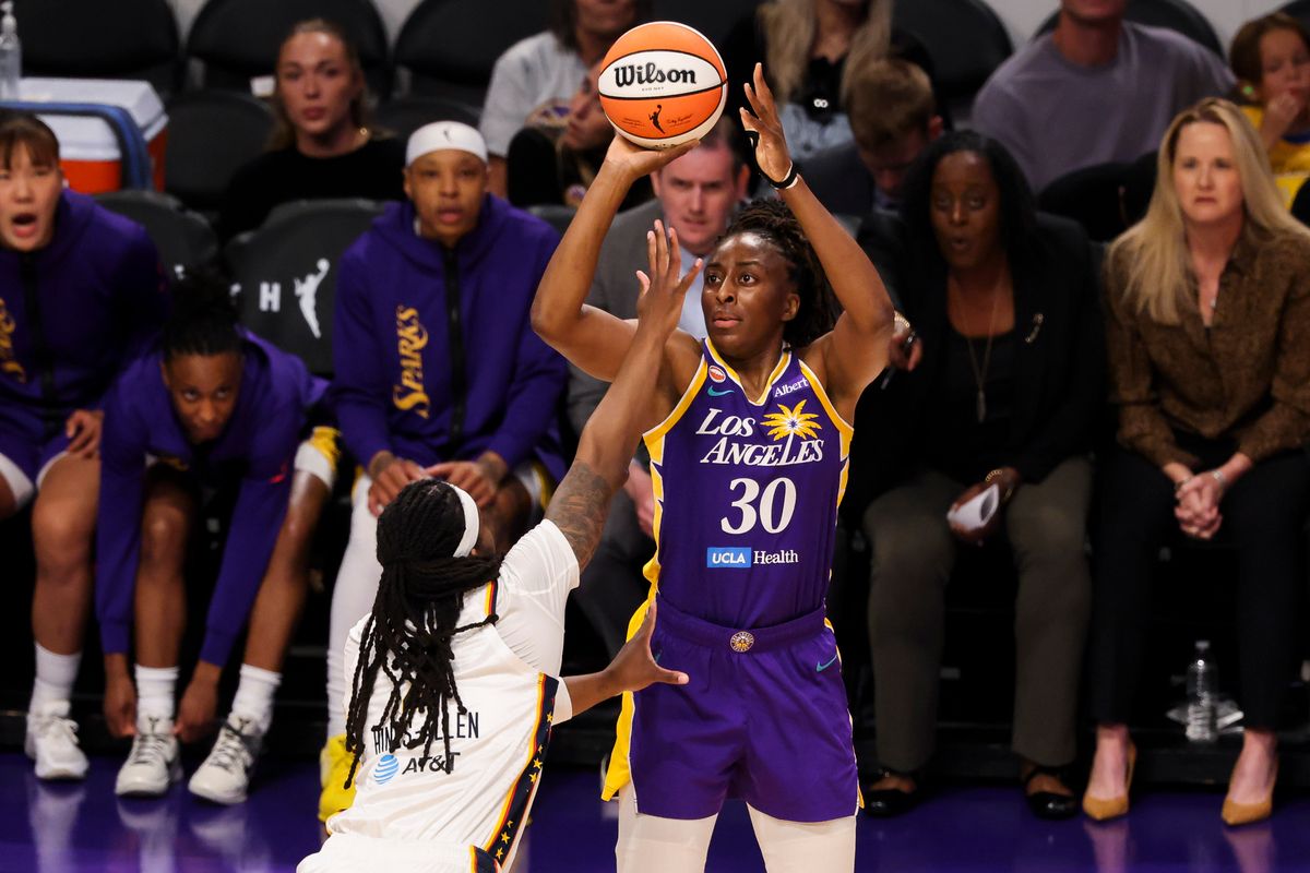 Nneka Ogwumike #30 of the Los Angeles Sparks shoots the ball during a WNBA game against the Indiana Fever, Wednesday July 8, 2026 in Inglewood, Calif. Nneka Ogwumike #30 of the Los Angeles Sparks shoots the ball during a WNBA game against the Indiana Fever, Wednesday July 8, 2026 in Inglewood, Calif.