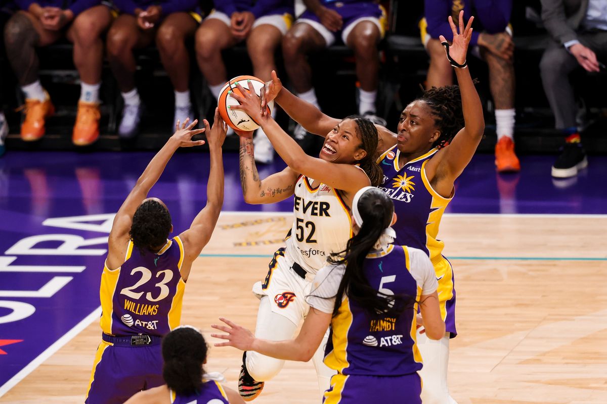 Tyasha Harris #52 of the Indiana Fever drives to the rim during a WNBA game against the Los Angeles Sparks, Wednesday July 8, 2026 in Los Angeles, Calif. Tyasha Harris #52 of the Indiana Fever drives to the rim during a WNBA game against the Los Angeles Sparks, Wednesday July 8, 2026 in Los Angeles, Calif.