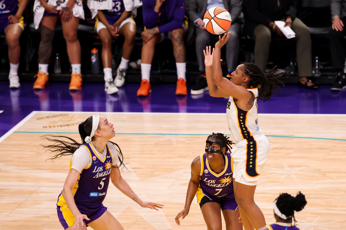 Kelsey Mitchell #0 of the Indiana Fever shoots the ball during a WNBA game against the Los Angeles Sparks, Wednesday July 8, 2026 in Los Angeles, Calif. Kelsey Mitchell #0 of the Indiana Fever shoots the ball during a WNBA game against the Los Angeles Sparks, Wednesday July 8, 2026 in Los Angeles, Calif.