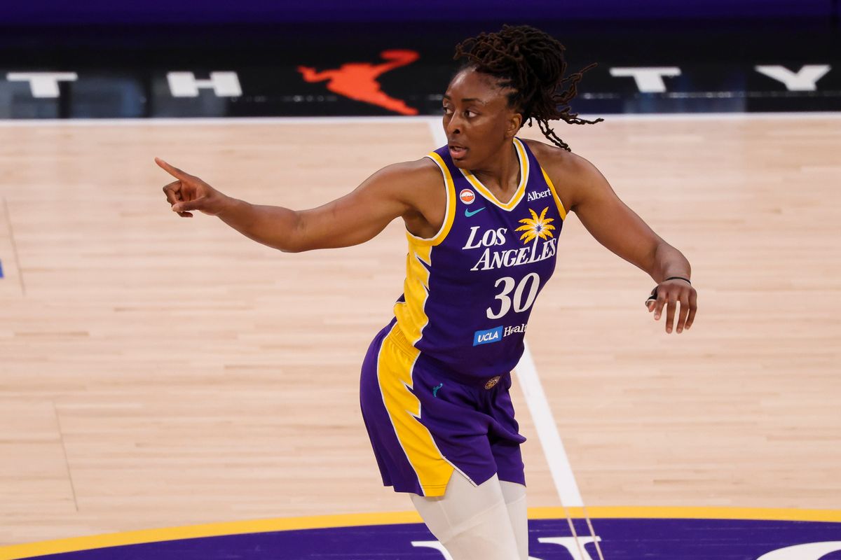 Nneka Ogwumike #30 of the Los Angeles Sparks points while running down the floor after a made shot during a WNBA game against the Los Angeles Sparks, Wednesday July 8, 2026 in Los Angeles, Calif. Nneka Ogwumike #30 of the Los Angeles Sparks points while running down the floor after a made shot during a WNBA game against the Los Angeles Sparks, Wednesday July 8, 2026 in Los Angeles, Calif.