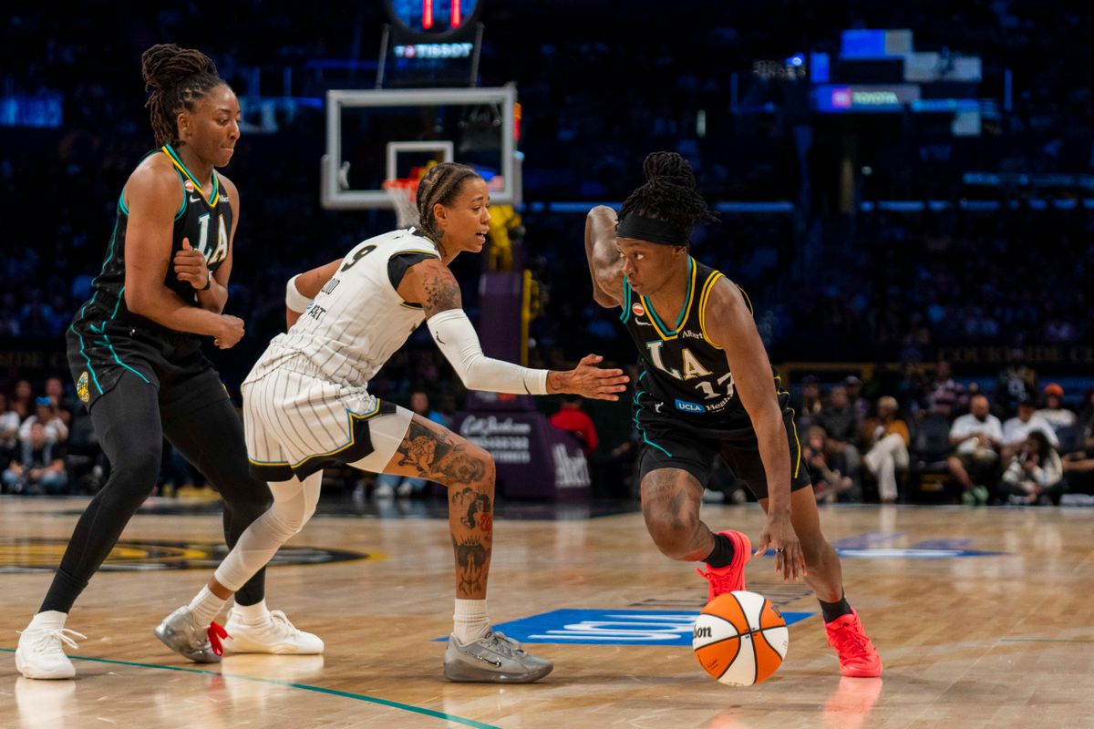 Los Angeles Sparks guard Erica Wheeler (17) gets past the defense during a WNBA game against the Minnesota Lynx, Friday July 10th, 2026 in Los Angeles, California. Los Angeles Sparks guard Erica Wheeler (17) gets past the defense during a WNBA game against the Minnesota Lynx, Friday July 10th, 2026 in Los Angeles, California.