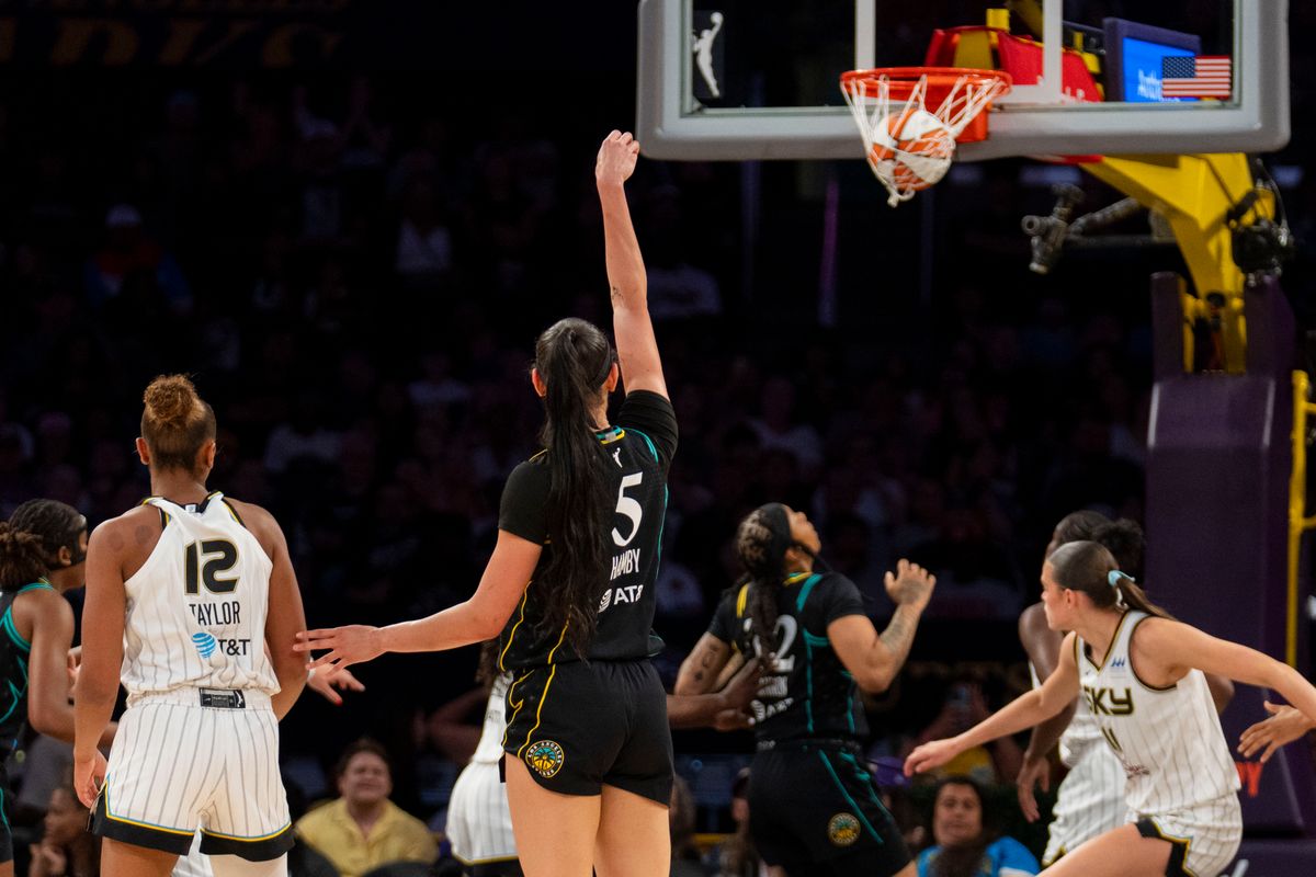Los Angeles Sparks forward Dearica Hamby (5) hits a three pointer during a WNBA game against the Chicago Sky, Friday July 10th, 2026 in Los Angeles, California. Los Angeles Sparks forward Dearica Hamby (5) hits a three pointer during a WNBA game against the Chicago Sky, Friday July 10th, 2026 in Los Angeles, California.