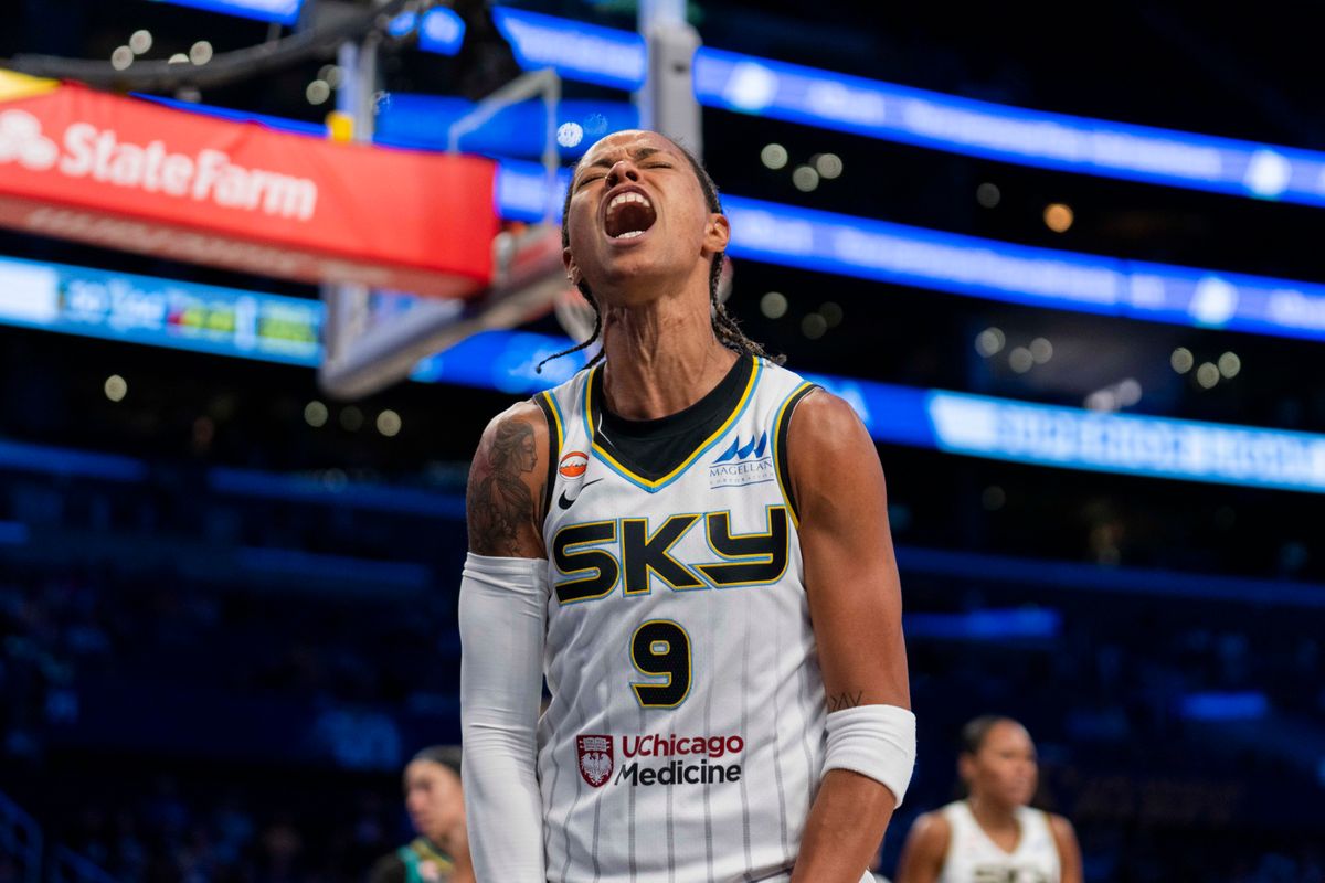 Chicago Sky guard Natasha Cloud (9) yells after being unable to finish her and-one during a WNBA game against the Los Angeles Sparks, Friday July 10th, 2026 in Los Angeles, California. Chicago Sky guard Natasha Cloud (9) yells after being unable to finish her and-one during a WNBA game against the Los Angeles Sparks, Friday July 10th, 2026 in Los Angeles, California.