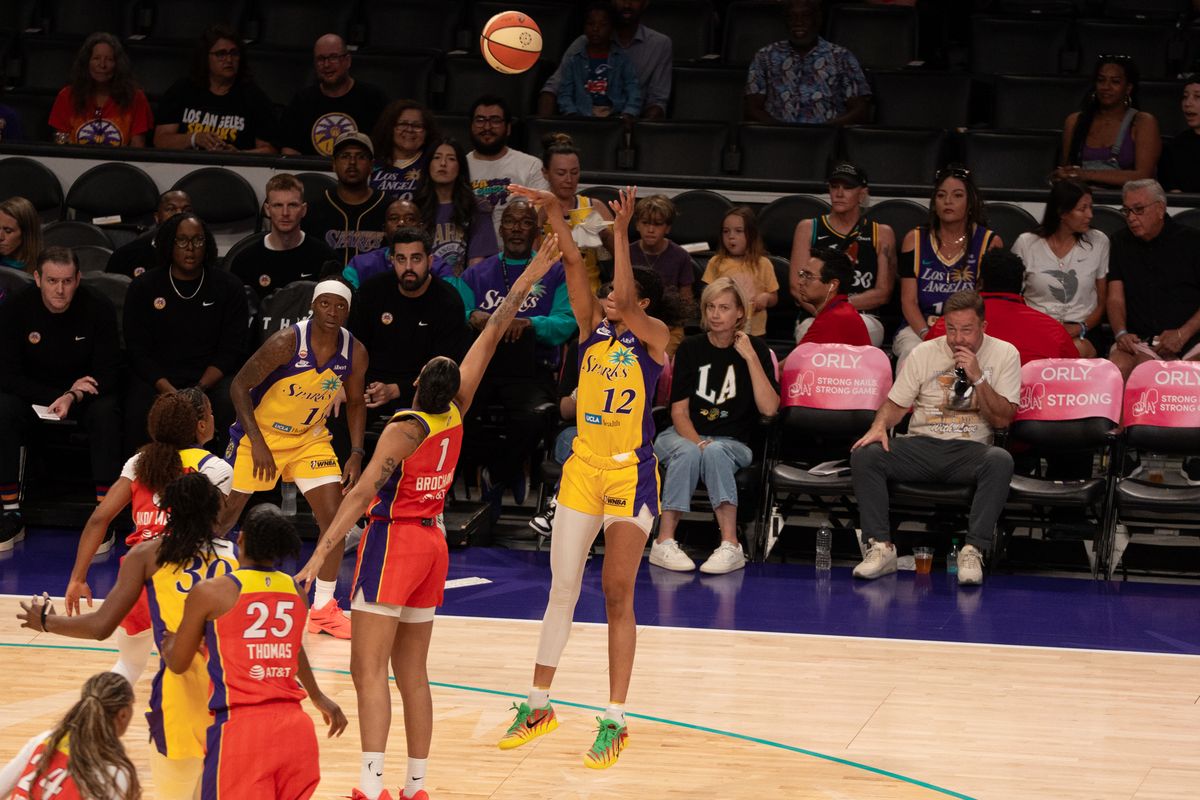 Los Angeles Sparks Guard Rae Burrell (12) shoots a pull up jumper during a WNBA game against the Phoenix Mercury, Wednesday July 22nd, 2026 in Los Angeles, California.