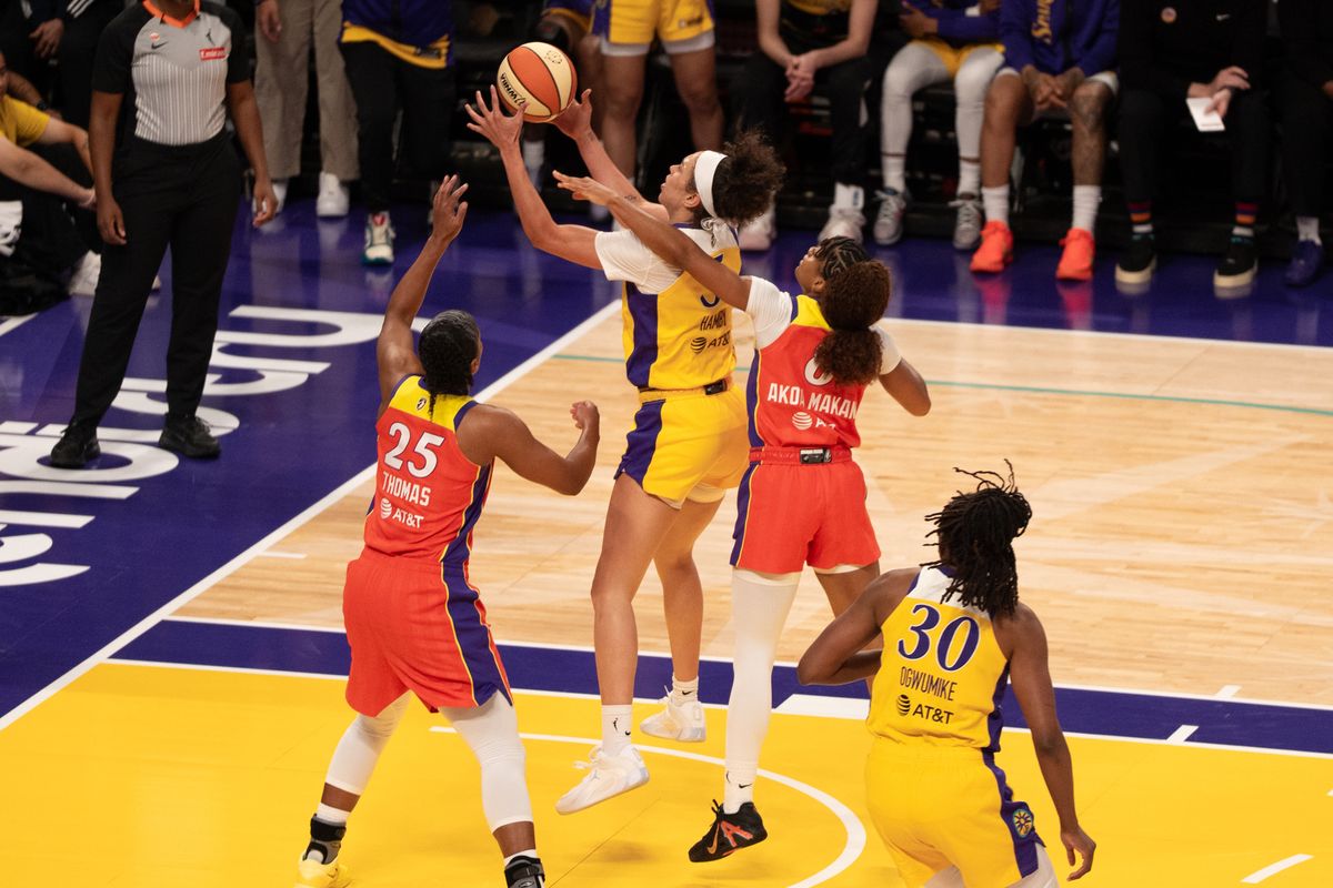 Los Angeles Sparks Forward Dearica Hamby (5) gets fouled and scores during a WNBA game against the Phoenix Mercury, Wednesday July 22nd, 2026 in Los Angeles, California.