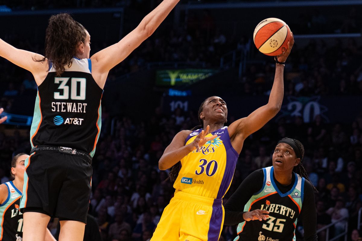 Los Angeles Sparks forward Nneka Ogwumike (30) makes a layup during a match between New York Liberty and Los Angeles Sparks on Tuesday, July 28, 2026 at Crypto.com Arena