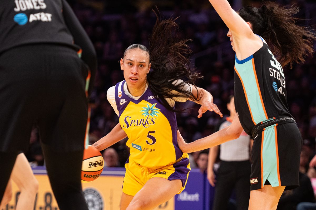 Los Angeles Sparks forward Dearica Hamby (5) makes a move to the basket during a match between New York Liberty and Los Angeles Sparks on Tuesday, July 28, 2026 at Crypto.com Arena