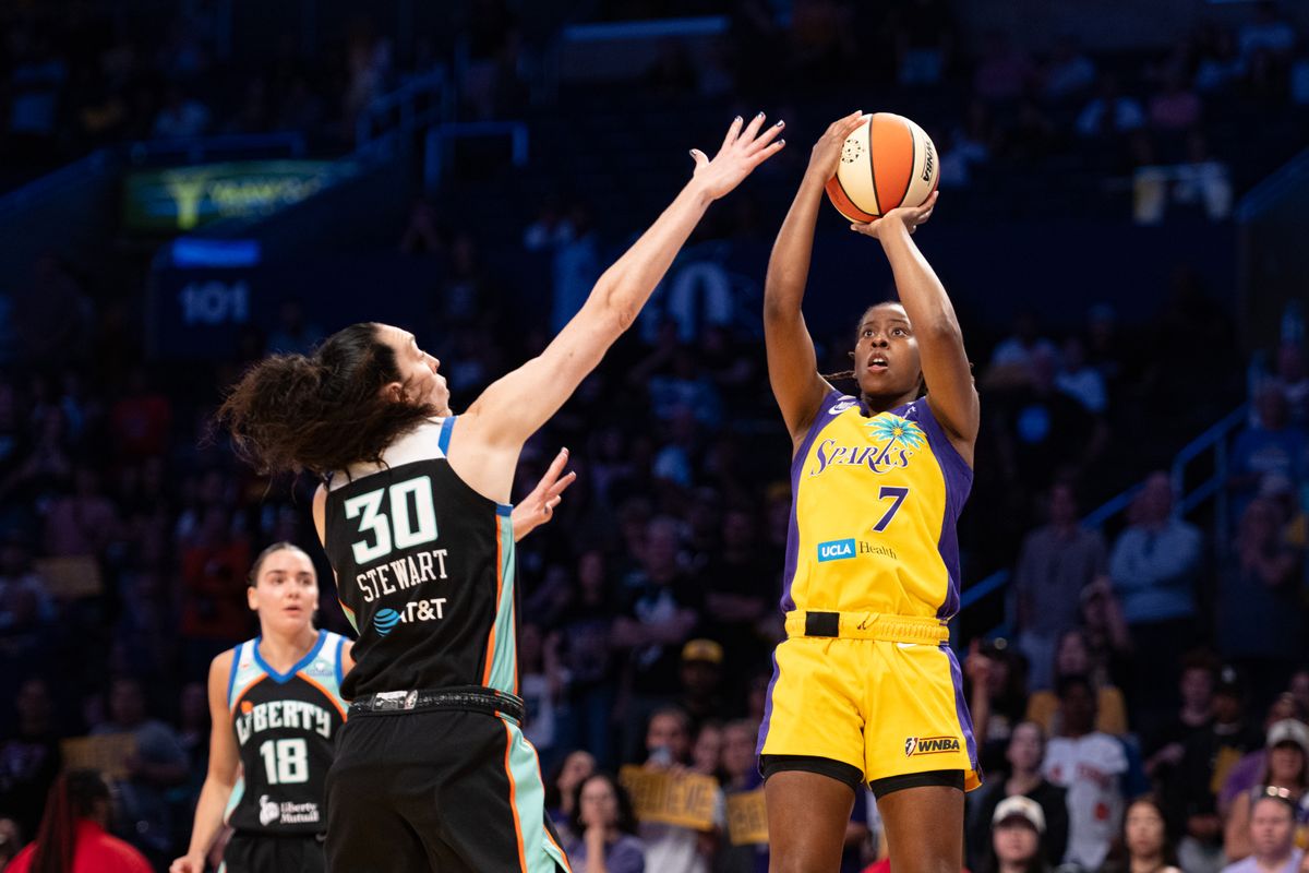Los Angeles Sparks guard Ariel Atkins (7) takes a jump shot during a match between New York Liberty and Los Angeles Sparks on Tuesday, July 28, 2026 at Crypto.com Arena