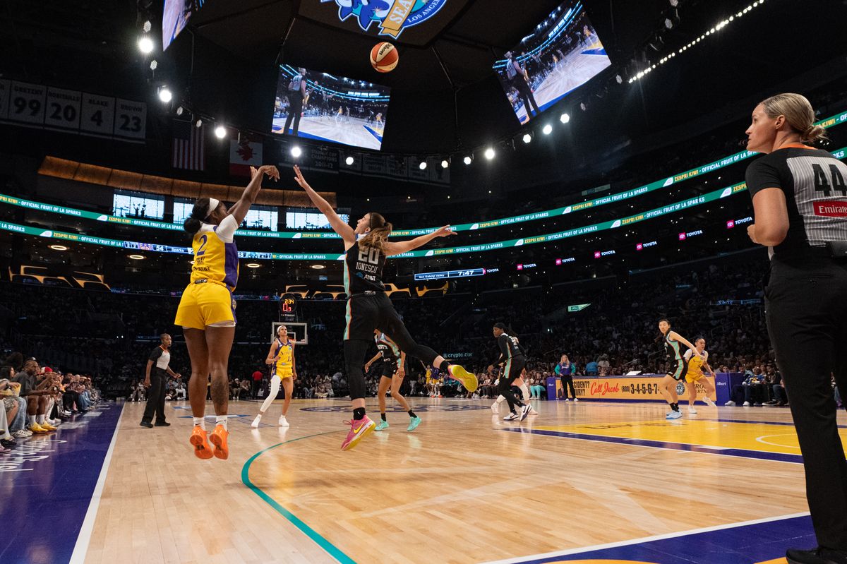 Los Angeles Sparks guard Chance Gray (2) takes a three point shot during a match between New York Liberty and Los Angeles Sparks on Tuesday, July 28, 2026 at Crypto.com Arena