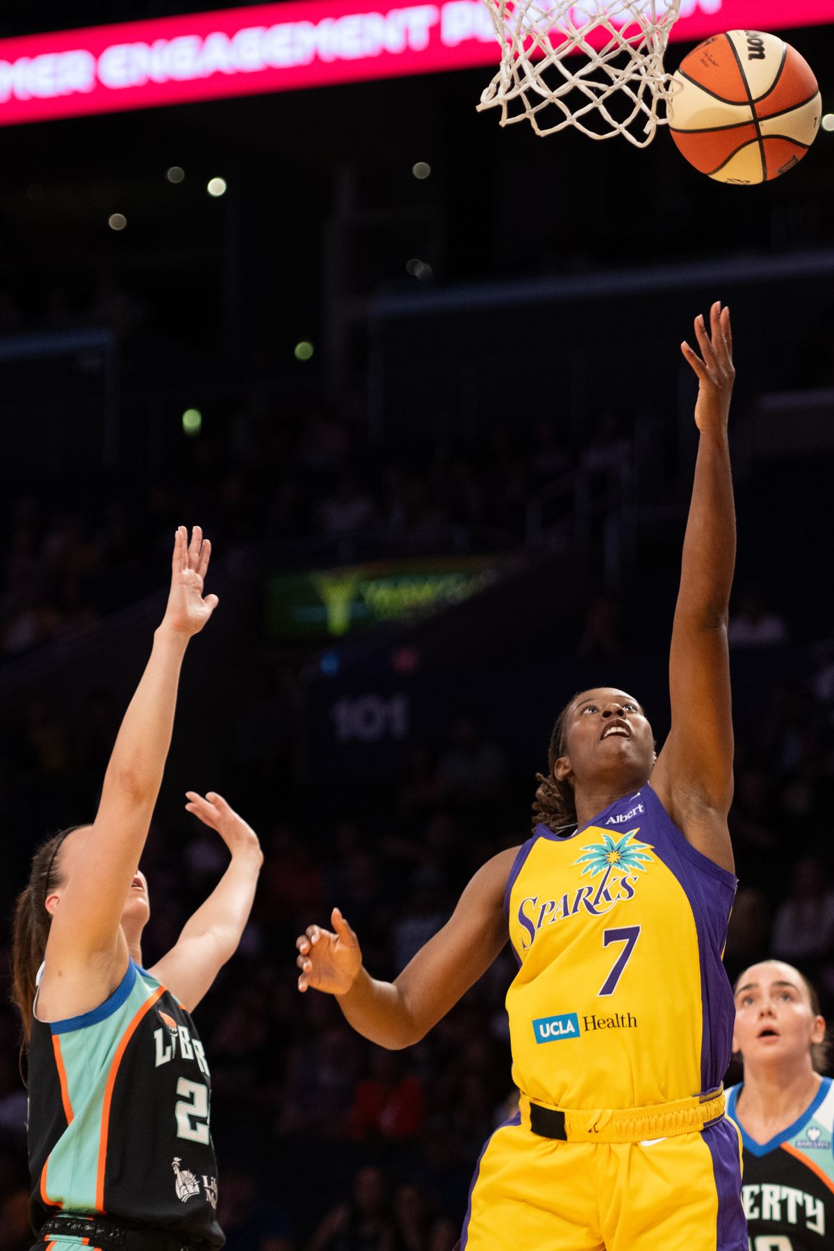 Los Angeles Sparks guard Ariel Atkins (7) takes a layup during a match between New York Liberty and Los Angeles Sparks on Tuesday, July 28, 2026 at Crypto.com Arena