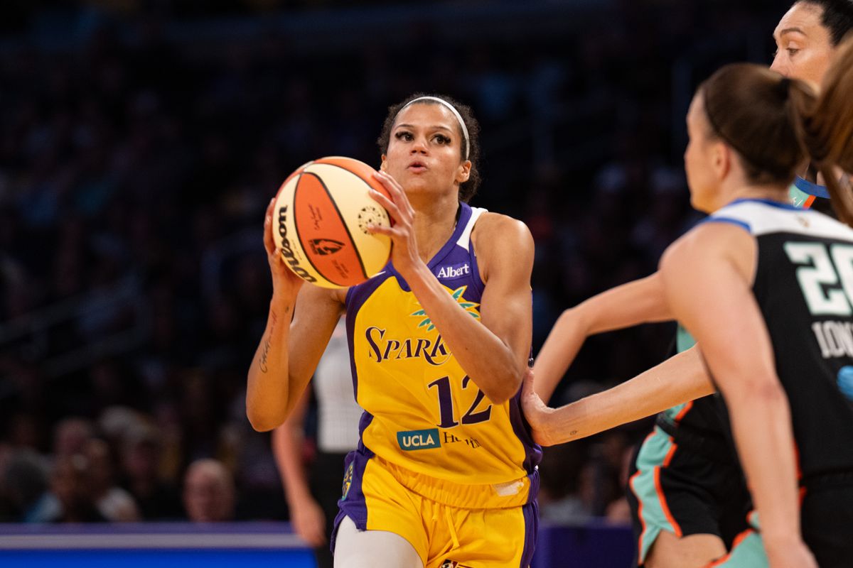 Los Angeles Sparks guard Rae Burrell (12) gets ready to make a shot during a match between New York Liberty and Los Angeles Sparks on Tuesday, July 28, 2026 at Crypto.com Arena